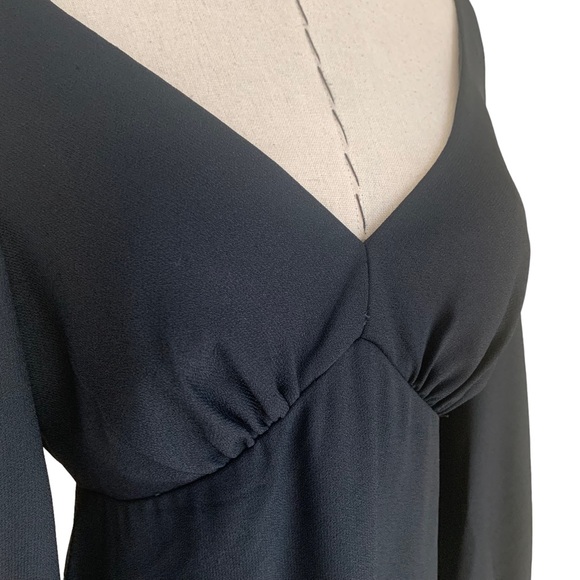 Vintage 60s Black Crepe Dress Cold Shoulder Bishop Sleeve Rhinestone Buttons - Picture 8 of 16